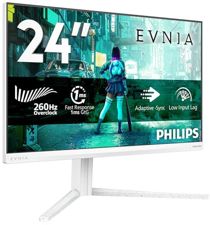 PHILIPS Evnia 24M2N3201P Gaming Monitor 24 Pulgadas 260Hz Panel Fast IPS, 1ms GtG, HDR10, G-Sync Compatible Altura Ajustable, (1920x1080 HDMI 1x 2.0 DP 1x 1.4) Blanco