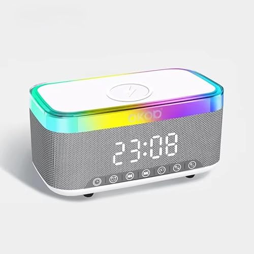 GWS Radio Alarm Clock Bedside, Alarm Clock with 15W Wireless Charging, Bluetooth Speaker, Fast Qi Wireless Charger, 13 LED lighting Effects, FM Radio, USB Charging Port, for Bedroom, Desk