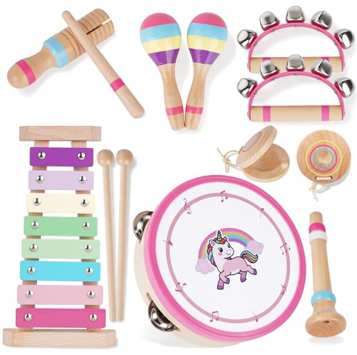 ATOYUS Montessori Musikinstrumente Spielzeug für Babys und Kinder ab 1 Jahr | Holz-Schlaginstrumente für 1-3 Jährige Mädchen mit Xylophon, Trommel, Geschenk zum 1. Geburtstag, zu Weihnachten und Ostern