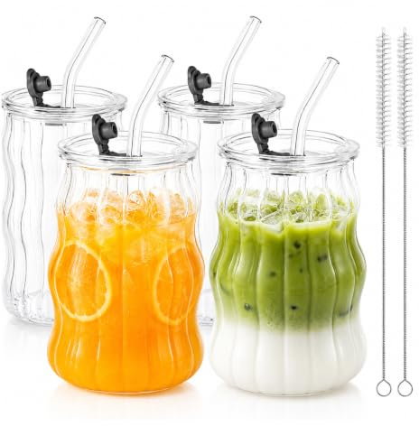 Taurion Set di bicchieri da 530 ml, in vetro trasparente, con coperchio e cannucce in vetro, vintage, set da 4 pezzi, per caffè freddo, matcha, cocktail, longdrinks