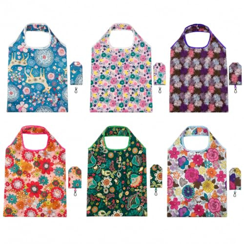 Pluvikon 6PCS Foldable Reusable Shopping Bags, Foldaway Grocery Bags with Pouch Hook, Eco Waterproof Tote Bags for Daily Travel Camping Picnic Supermarket Shopping Supplies