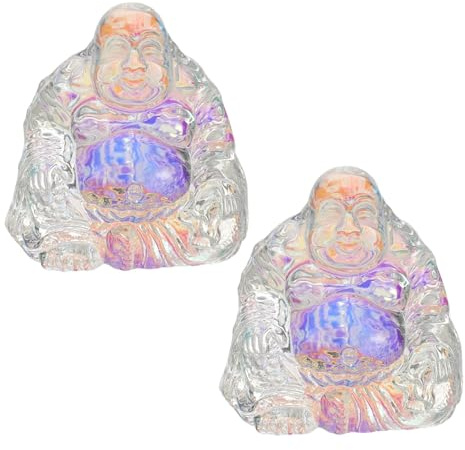 SOLUSTRE 2 St Handgjord Kristall Buddha-figur Iriserande Feng Shui Skulptur med Välsignelse Andlig Dekoration för Meditation och Äldre Födelsedag Religiös Hemstaty för Kontorshylla och