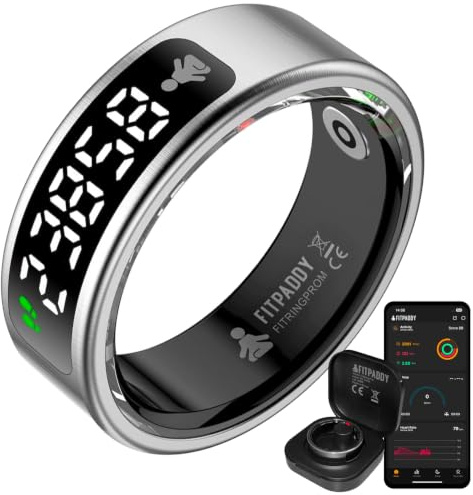 FITPADDY FitRing Pro Anello Smart con Display LED Touch, Vibrazione, Notifiche, Monitoraggio Salute, Pressione, Cardio, Sonno, 100+ Modalità Sportive (L - Ø 20,9-65 mm)