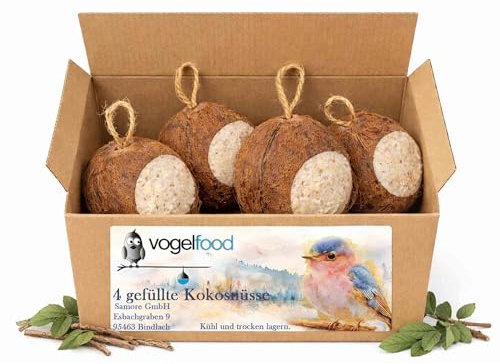 4 ganze Kokosnüsse zum aufhängen gefüllt mit Sämereien, Öle/Fette und Mineralstoffen Vogelfood von Samore Vogelfutter wie Meisenknödel