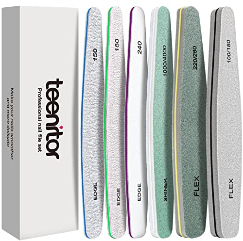 Teenitor Nail File and Buffer Set, 6 Count Nail Files & Nail Buffer Blocks for Natural Nails, Emery Boards for Nails, 100/180 Grit Nail Files for Acrylic and Gel Nails 240 Grit