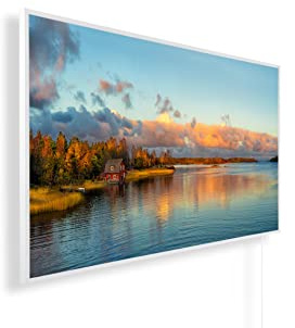 Könighaus Bildheizung 1200 Watt - Smart App - 18-29 m² | Motiv: 01. Haus am See, Weißer Rahmen, TÜV SÜD, Smart Thermostat, Könighaus App