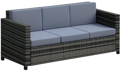 Outsunny 3 Seater Rattan Sofa with 10 cm Thick Padded Cushion, All-Weather PE Wicker Weave Garden Three-seater Bench with Armrests, Mixed Grey Rattan and Grey Cushion
