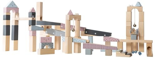 roba Pista delle Biglie Grande in Legno - 100 Pezzi - con Mattoncini da Costruzione in Legno con Effetti Sonori e Biglie in Vetro - Gioco per la motricitá con Varie Possibililtá di Composizione