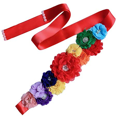 Lauthen.S Mutterschaft Blume Schärpe Gürtel mit Strass Perlen für Baby Shower Mutterschaft Geschlecht Reveal Party Hochzeit Braut Kleid, Rot (Regenbogenfarben), Einheitsgröße