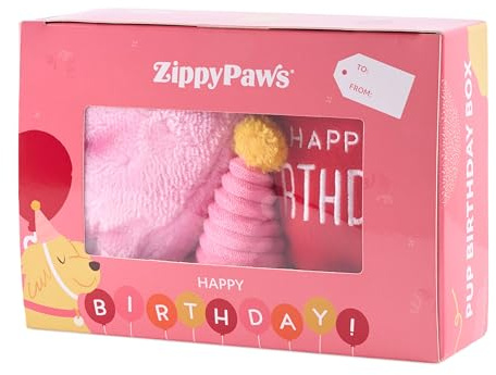 ZippyPaws Geburtstagsbox – Rosa für Hunde | Festliches Hundespielzeug Set mit 4 Überraschungen | Perfekt für den Hundgeburtstag