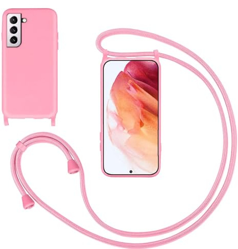 GoodcAcy Silikon Handykette Handyhülle für Samsung Galaxy S21,Smartphone Necklace Hülle mit Band Schutzhülle mit Kette zum umhängen Halskette Flüssig Silikon Case für Samsung Galaxy S21,Pink