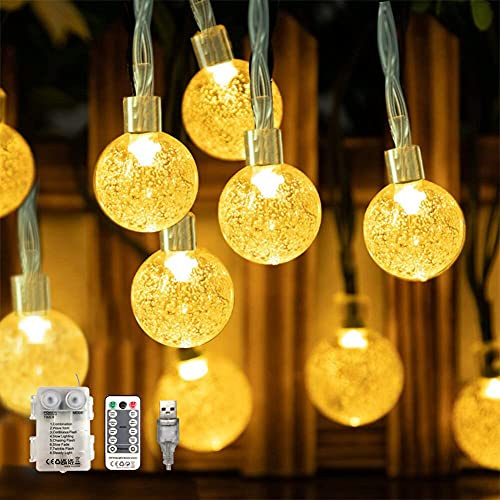 WALCHO Lichterkette Kugeln Batterie & USB betrieben, 9M 60 LED Lichterkette 8 Modi, LED Kristallkugeln Wasserdicht IP65 für Balkon, Garten, Bäume, Terrasse, Hochzeit, Warmweiß [Energieklasse A+++]