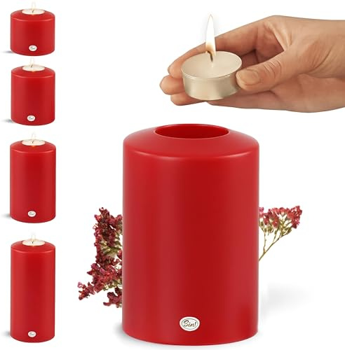Sin!® 1x Teelichthalter & Dauerkerze Classic ROT ∅ 8cm Höhe 15cm Seidenglanz - Die Kerze die Nicht schmilzt! Kunststoff-Kerze (Made IN Germany) Teelichtkerze in Kerzenoptik mit Teelichteinsatz