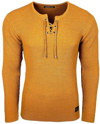 Subliminal Mode - Pull Over Homme Col Arrondi avec Cordon de Serrage Chic et Tendance Tricot Hiver en Maille Chiner Idée Cadeau Noel BX52132 Camel L