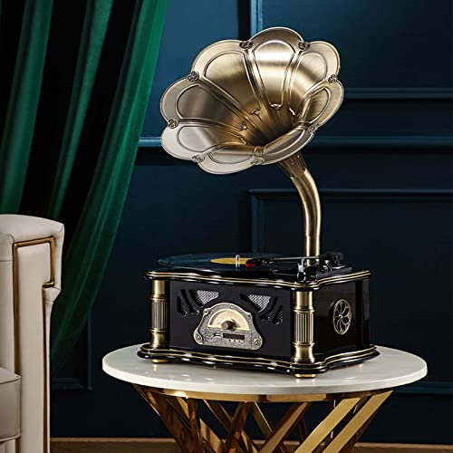 Record Player Retro Turntable,Vintage Gramophone Bluetooth Speaker,Classic Aluminum Phonograph,Vinyl Record Player 33/45/78RPM,Support 7/10/12 Vinyl,Copper Horn,Remote Control, Aux-in/USB/(Color:B)