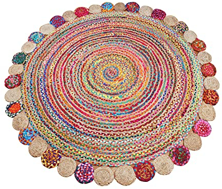 CASAVANI Chindi-Teppich, handgefertigt, indisch, Baumwolle, Mehrfarbig, rund, Outdoor-Fußmatten, Jute-Teppich 90 x 90 cm (3 x 3 Fuß im Quadrat)