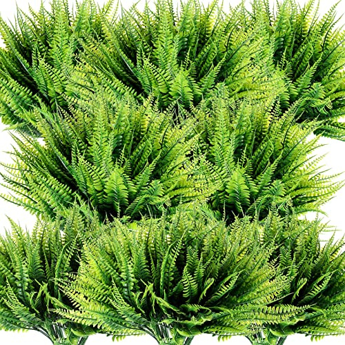 Waydress 25 Pack Fake Fern Outdoors Artificial Boston Fern Plants Greenery UV Resistant Fake Plants Shrubs Plastic Plant for Garden Porch Window Box Hanging Planter Decorating (Green)