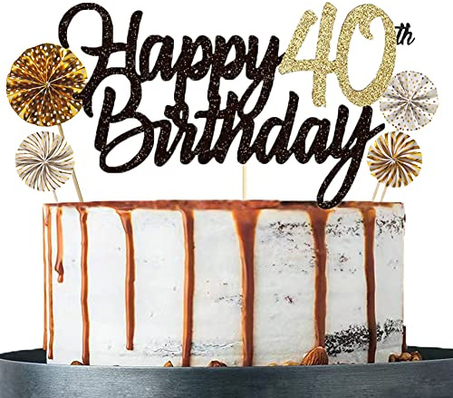 Tortendeko 40 Schwarzes Gold set Doppelseitiges Glitzerpapier Happy Birthday Cake Topper für Geburtstag Deko 40