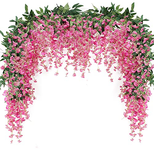 JUSTOYOU 2PCS 7FT Artificial Wisteria Vine Garland Fake flower Wisteria Garlands for Outdoor Indoor Wedding Wall Badroom Decoration(Magenta)