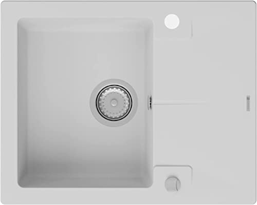 GRANMASTER Caro Évier Cuisine Granit 1 bac avec siphon et égouttoir - Evier de cuisine résistant aux chocs et à la température - assemblage facile 59,5x47,5x17,2cm - Evier cuisine Blanc