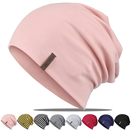 HAMUNI Slouch Beanie-Mütze, weiche Baumwoll-Mütze, leichte Jersey-Beanie-Mütze, dünne Wintermützen für Männer, Chemo-Kopfbedeckung für Frauen, atmungsaktive Slouch-Mütze Seasons Pink