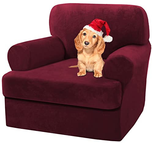 Sofa Cover,T Cushion Sofa Cover Velvet Non-Slip T Cushion 1/2/3 Seater Couch Cover with Individual T Cushion Seat Cover with Elastic Bands Furniture Slipcovers Protector (Dark red,1 Seater-2Pieces)