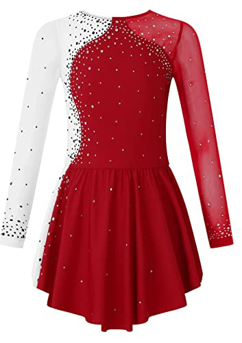 ranrann Klänning, barn, flicka, konståkning, långärmad, strass, glänsande trikåer, gymnastik, bodysuit, sport, kostym, show, 5–16 år, Bordeaux, 7-8 �r