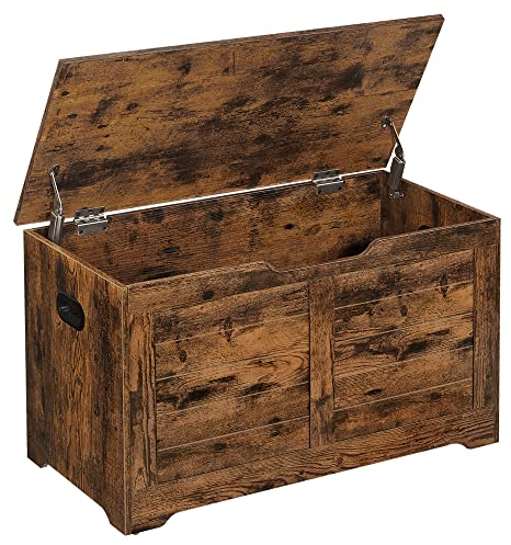 VASAGLE Schuhbank, Sitzbank mit Stauraum, Sitztruhe mit 2 Sicherheitsscharnieren, Aufbewahrungsschrank, Landhausstil, 40 x 80 x 46 cm, für Flur, Schlafzimmer, Wohnzimmer, vintagebraun LSB063T01