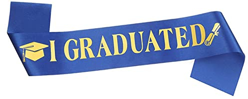 KEELYY Echarpe de Graduation 2025 Écharpe de Remise de Diplome avec Lettre Dorée Pailletée ‘I Graduated’, Décoration de fête Pour l'école, Université Remise de Diplôme - Bleu