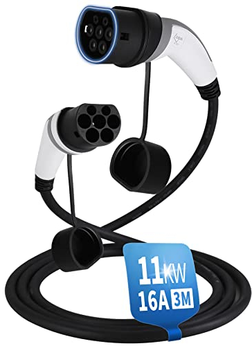 EVIEUN Cavo Ricarica Auto Elettrica Tipo 2 | 16A 11KW | Trifase | 3 Metri | per i Veicoli Elettrici e Ibridi Plug-in Tipo 2 a Tipo 2, Compatibile con ID.3 ID.4 Model 3 e-Tron Zoe i3 Leaf e-Golf
