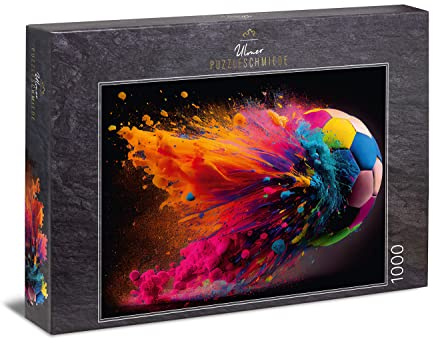 Ulmer Puzzleschmiede - Fußball-Puzzle Volltreffer - Bunt explodierender Fußball als schillernd inszeniertes Puzzle-Spektakel - aus der Kollektion Farben & Fantasy, Qualität Made in Germany