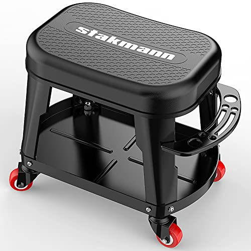 Sgabello da Officina con Ruote girevoli, Sedia Meccanico con Vano Porta Attrezzi e Maniglia Porta Utensili, Struttura Acciaio, Seggiolino Mobile portattrezzi, capacità Max 136 kg