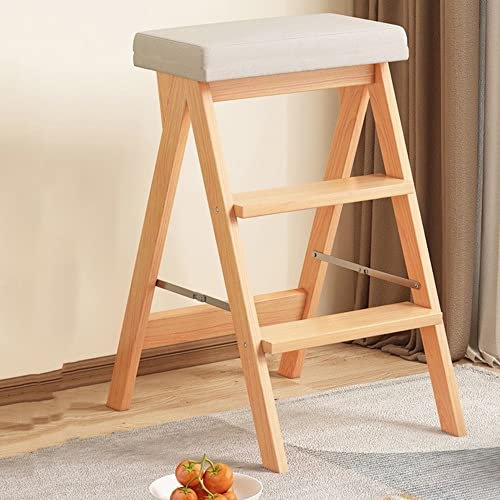 BIRLD Tabouret Échelle Chaise De Bar en Bois Tabouret Pliant avec Escabeau À 2 Marches, Marche-Pieds Pliable, pour Cuisine Bibliotheque Intérieur Extérieur (Color : Natural+Gray)