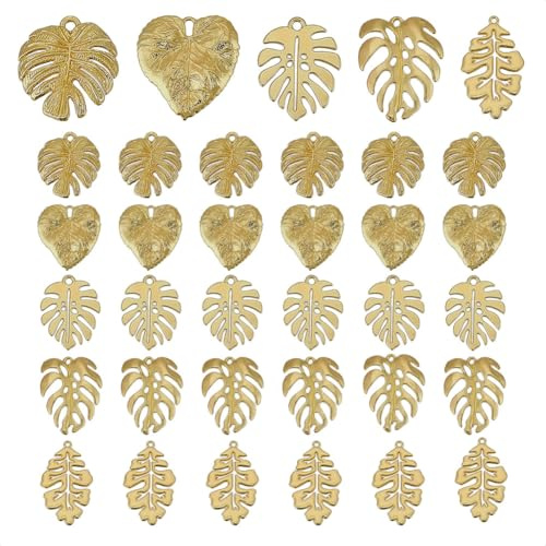PH PandaHall 35 Stück Monstera-Blatt-Anhänger, 5 Stil Tropische Blatt Charms Metallverzierungen Hohle Blatt Anhänger aus Edelstahl für Schmuckherstellung DIY Halsketten Ohrring Dekoration, Golden