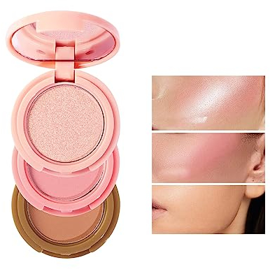 Paleta de Iluminador de 3 Colores, 3 en 1 Kit de Colorete e Lluminador, Paleta de Polvos Compactos de Maquillaje 3 en 1 con Brillo, Paleta de Colorete, Polvo de Rubor Facial con Brillo Brillante,#2
