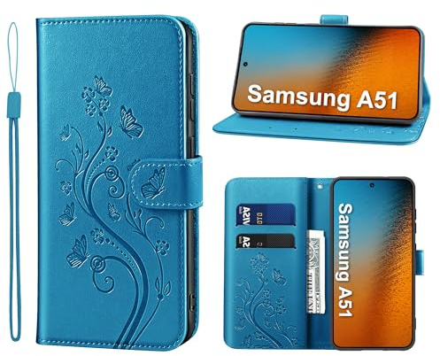 KRAFTCARE Lederhülle für Samsung Galaxy A51 Klapphülle Leder Hülle | Premium PU Leder mit Prägung, Kartenfach, Ständer, Magnetic Closure, RFID Blockierung, Flip Wallet Handyhülle, Blau