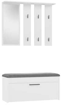 VBChome Garderobe Set 100 x 35 cm Weiß Schuhschrank Spiegel Kleiderbügel Schuhablagen Garderobe für Jacken Mantelgarderobe Flur Modern Weiß