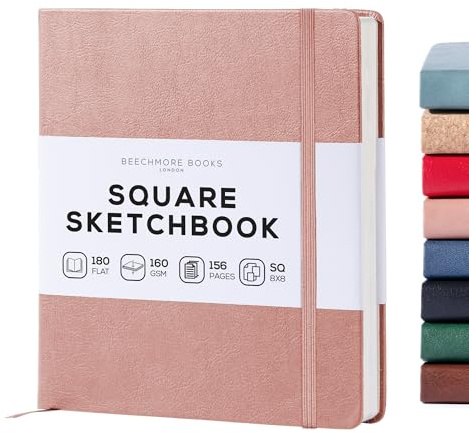 BEECHMORE BOOKS Quaderno da disegno quadrato (20,3 x 20,3 cm) – 156 pagine, 160 g/m² | Copertina rigida in similpelle, apertura piatta, pagine perforate, confezione regalo, diario artistico