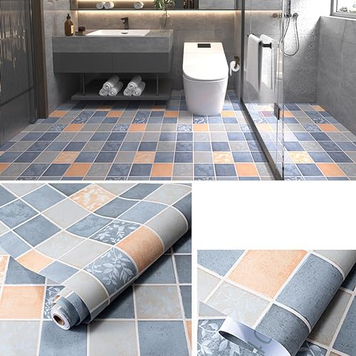 PVC Bodenbelag Selbstklebende 2m², Bodenaufkleber,Wasserfeste Bodenaufkleber,Rutschfeste Bodenaufkleber für Eingangstür,Wohnzimmer,Küche,0.4 * 5m,Mehrere Muster (Kariert, Blau)