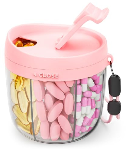 AMOOS Cute Pill Dispenser with 7 Compartments, Pill Bottle Organizer with Anti-Mix Design, Portable Pill Organizer for Travel with Wide Mouth for Easy Access, BPA-Free Patented Pill Container, Pink