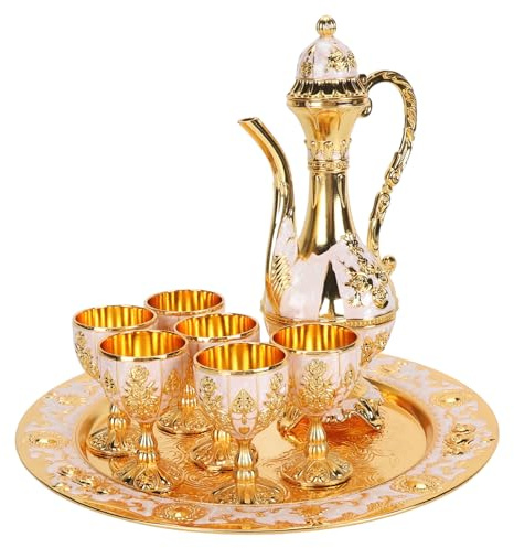 POYHKFD Service à Thé Vintage Ensemble de Pots à Vin, Ensemble de Tasses à Boire au Design Exquis Européen Vintage, Service à Thé Verre à Vin en Métal Tasses à Boire(Or et blanc)