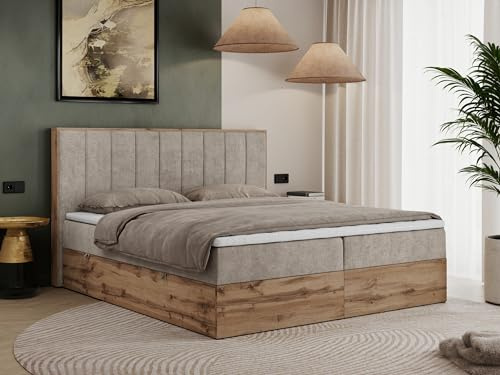 MKS MEBLE Boxspringbett 160x200 cm mit Bettkasten Eiche, Polsterbett mit Matratze H3 und Topper T25, Bett mit Kopfteil, Bett mit Holzrahmen in Wotan Eiche - Beige Struktur - Bellissimo
