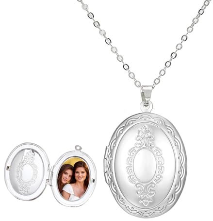 TJUSPIRIT Vintage Medaillon Foto Kette Damen Edelstahl Photo Bild Amulett zum Öffnen Anhänger Oval Medaillon Foto Halskette Charms Schmuck Geschenk für Damen Mädchen Mutter Tochter Freundin(Silber)