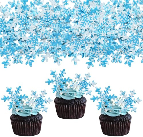Gyufise 50Pcs Pink Edible Cupcake Cake Toppers Snowflake Cake Decorations for Christmas Winter Frozen Theme Party Supply Decoration Multi
