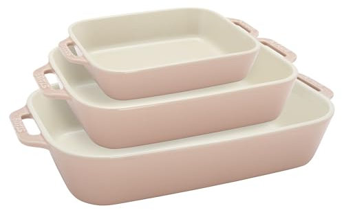 Staub Lot de 3 plats de cuisson rectangulaires en céramique - Macaron Rose pastel
