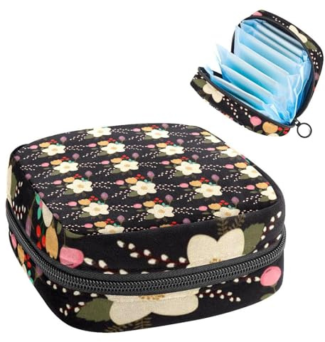 Damenbinden Aufbewahrungstasche Perioden Kit Tasche für Schule Menstruationstasse Beutel Damenbinden Organizer Tasche Blumen Blumen auf schwarzem Hintergrund