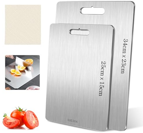 Tabla de Cortar Acero Inoxidable, 2 Piezas Ambos Lados Tabla Cortar Acero Inoxidable, con Almohadilla de silicona antideslizante, Garantizar el Sabor Original de Los Ingredientes, para carne, queso
