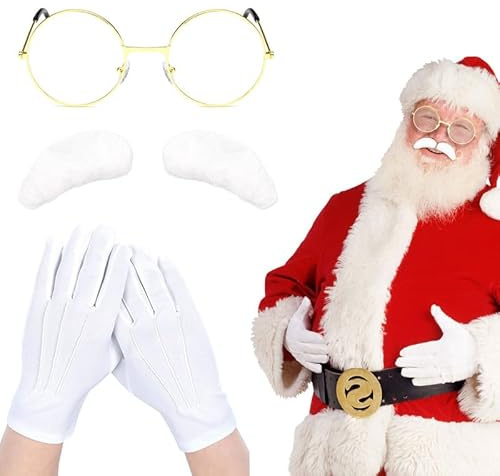 FUIPVGI 3 Pezzi Accessori Costume Babbo Natale, Occhiali, Guanti, Sopracciglia Finte, Set di Costumi da Babbo Natale, Accessori per Feste di Natale, per Adolescenti Adulti (Bianco)