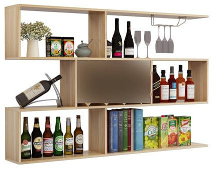 Wandmontiertes Likörregal aus Holz mit Glashalter und multifunktionaler Aufbewahrung, großer Barschrank für Wohnzimmer, Küche oder Restaurant, helles Walnussholz-Finish, 100 cm Höhe