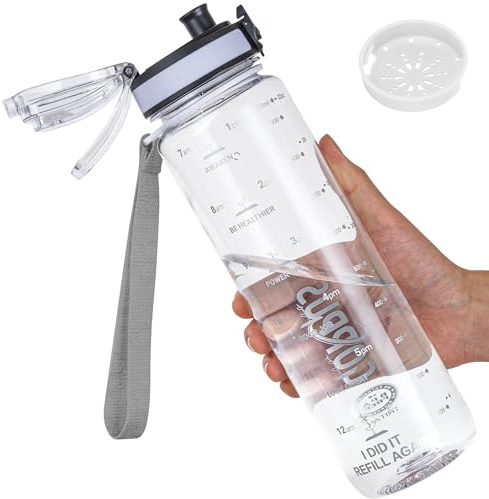 GOPPUS 1L/32oz Tritan Water Bottle (No Straw)-Soft Matte Finish Drink Bottle with Measurements Bottles with Lockable Flip Top Motivational Bottles with Time Marks for Adults BPA Free (Transparent)